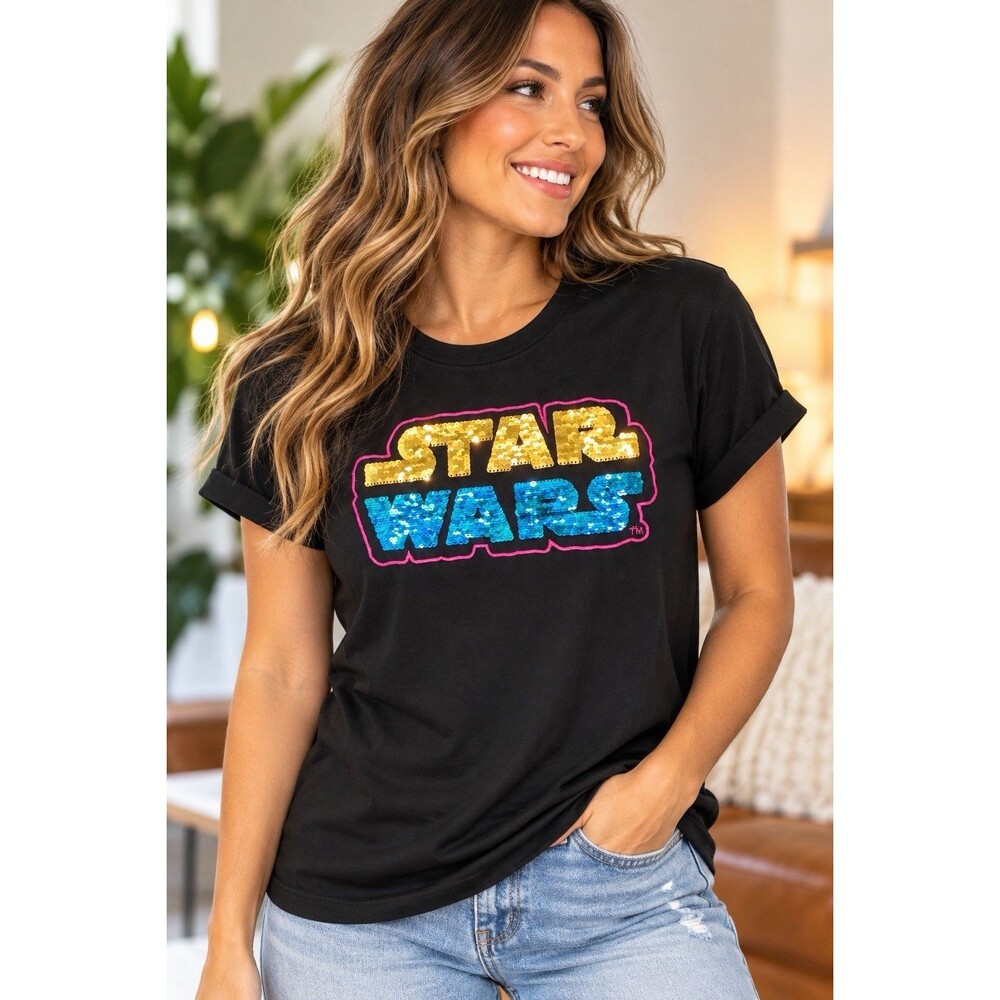NEW Disney Parks Official Star Wars Women Girl Sequin Black T-shirt Large
